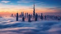 Dubai downtown is covered with dense fog in the winter