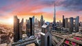 Dubai downtown district skyline at dramatic sunrise, United Arab Emirates - aerial view Royalty Free Stock Photo