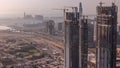 Dubai downtown with large-scale construction of a residential complex with a view of construction cranes aerial Royalty Free Stock Photo