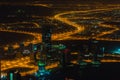 Dubai downtown night scene with city lights. Top view Royalty Free Stock Photo