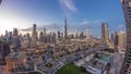 Dubai Downtown skyline day to night timelapse with Burj Khalifa and other towers paniramic view from the top in Dubai Royalty Free Stock Photo