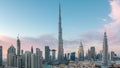 Dubai Downtown skyline day to night timelapse with Burj Khalifa and other towers paniramic view from the top in Dubai Royalty Free Stock Photo