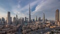 Dubai Downtown skyline day to night timelapse with Burj Khalifa and other towers panoramic view from the top in Dubai Royalty Free Stock Photo