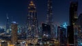 Dubai downtown skyline night with tallest building and Sheikh Zayed road traffic, UAE Royalty Free Stock Photo