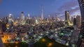 Dubai Downtown skyline night to day timelapse with Burj Khalifa and other towers paniramic view from the top in Dubai Royalty Free Stock Photo