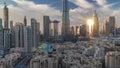 Dubai Downtown skyline during sunset timelapse with Burj Khalifa and other towers paniramic view from the top in Dubai Royalty Free Stock Photo