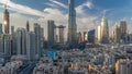 Dubai Downtown skyline during sunset timelapse with Burj Khalifa and other towers panoramic view from the top in Dubai Royalty Free Stock Photo