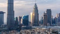 Dubai Downtown skyline during sunset timelapse towers paniramic view from the top in Dubai Royalty Free Stock Photo
