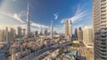 Dubai Downtown skyline timelapse with Burj Khalifa and other towers paniramic view from the top in Dubai Royalty Free Stock Photo