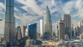 Dubai Downtown skyline timelapse with Burj Khalifa and other towers paniramic view from the top in Dubai Royalty Free Stock Photo