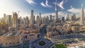 Dubai Downtown skyline timelapse with Burj Khalifa and other towers panoramic view from the top in Dubai Royalty Free Stock Photo