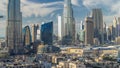 Dubai Downtown skyline timelapse with Burj Khalifa and other towers panoramic view from the top in Dubai Royalty Free Stock Photo