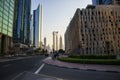 Dubai Financial Center road. Address Sky view hotel can be seen on the scene. Outdoors