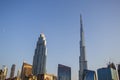 Dubai Financial Center road. Burj Khalifa tallest building in the world can be seen on the scene