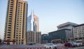 Dubai Financial Center road. Landmarks such Jumeirah Emirates towers, DIFC on the picture