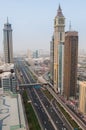 View from above on the towers from Sheikh Zayed Road in Dubai, UAE