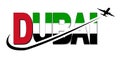 Dubai flag text with plane silhouette and swoosh illustration