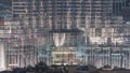 Dubai Fountain aerial night timelapse. Musical fountain, located in an artificial lake in downtown Royalty Free Stock Photo