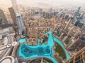 Dubai Fountain and downtown area view from from Burj Khalifa in early morning, United Arab Emirates Royalty Free Stock Photo