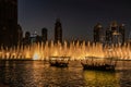 The Dubai Fountain in The Dubai Mall, world`s largest choreographed fountain system set on the 30-acre at Burj Khalifa Lake Royalty Free Stock Photo