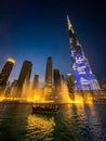 The Dubai Fountain show on Burj Khalifa Lake, in Downtown Dubai, United Arab Emirates Royalty Free Stock Photo