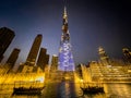 The Dubai Fountain show on Burj Khalifa Lake, in Downtown Dubai, United Arab Emirates Royalty Free Stock Photo