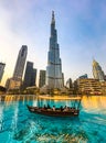 The Dubai Fountain show on Burj Khalifa Lake, in Downtown Dubai, United Arab Emirates Royalty Free Stock Photo