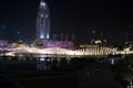 Dubai fountains show at night. Tourist attraction dancing fountain at Dubai Mall., UAE Royalty Free Stock Photo