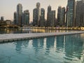 Dubai fountain with skyscrapers around