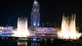 Dubai fountains show at night. Tourist attraction dancing fountain at Dubai Mall., UAE Royalty Free Stock Photo