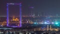 Dubai Frame with Zabeel Masjid mosque illuminated at night timelapse. Royalty Free Stock Photo