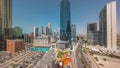 Dubai International Financial district aerial all day timelapse. Panoramic view of business and financial office towers. Royalty Free Stock Photo
