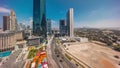Dubai International Financial district aerial all day timelapse. Panoramic view of business and financial office towers. Royalty Free Stock Photo
