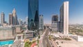 Dubai International Financial district aerial all day timelapse. Panoramic view of business and financial office towers. Royalty Free Stock Photo