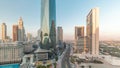 Dubai International Financial district aerial all day timelapse. Panoramic view of business and financial office towers. Royalty Free Stock Photo