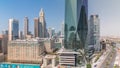 Dubai International Financial district aerial all day timelapse. Panoramic view of business and financial office towers. Royalty Free Stock Photo