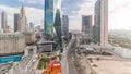 Dubai International Financial district aerial all day timelapse. Panoramic view of business and financial office towers. Royalty Free Stock Photo