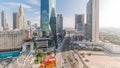 Dubai International Financial district aerial all day timelapse. Panoramic view of business and financial office towers. Royalty Free Stock Photo