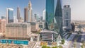 Dubai International Financial district aerial all day timelapse. Panoramic view of business and financial office towers. Royalty Free Stock Photo