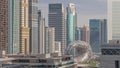 Dubai International Financial district aerial timelapse. Panoramic view of business and financial office towers. Royalty Free Stock Photo