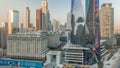 Dubai International Financial district aerial timelapse. Panoramic view of business and financial office towers. Royalty Free Stock Photo