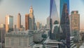 Dubai International Financial district aerial timelapse. Panoramic view of business and financial office towers. Royalty Free Stock Photo