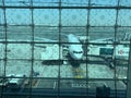 View of Airbus A380 at Dubai International airport from departure gate