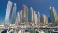 Dubai marina bay with yachts an boats timelapse hyperlapse Royalty Free Stock Photo