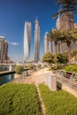 Dubai Marina with boats against skyscrapers in Dubai, United Arab Emirates Royalty Free Stock Photo