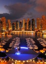 Dubai Marina at Dusk showing numerous skyscrapers of JLT Royalty Free Stock Photo