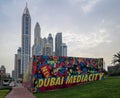 Dubai Marina epic towers view - Dubai skyline view - Dubai Media City sign Royalty Free Stock Photo