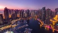 Dubai Marina Harbor Panorama From Night To Day Transition Timelapse