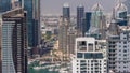 Dubai Marina and Media City districts with modern skyscrapers and office buildings aerial all day timelapse. Royalty Free Stock Photo