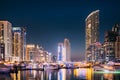 Dubai Marina Port, UAE, United Arab Emirates - May 19, 2021: Beautiful Night View Of Dubai Marina Skyline. Yachts Moored Royalty Free Stock Photo